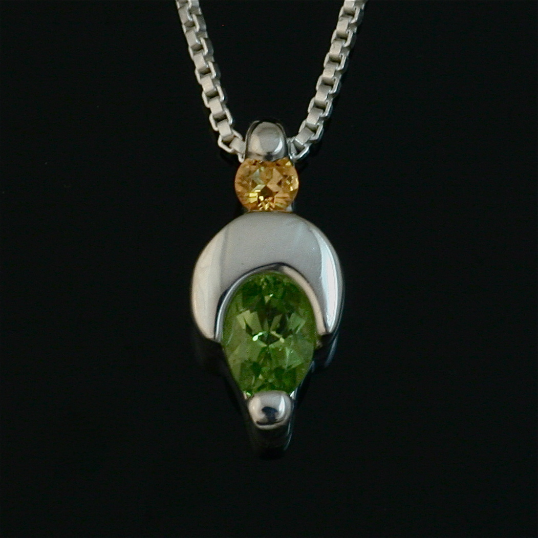 Crescent Moon sterling silver pendant - Peridot and Citrine